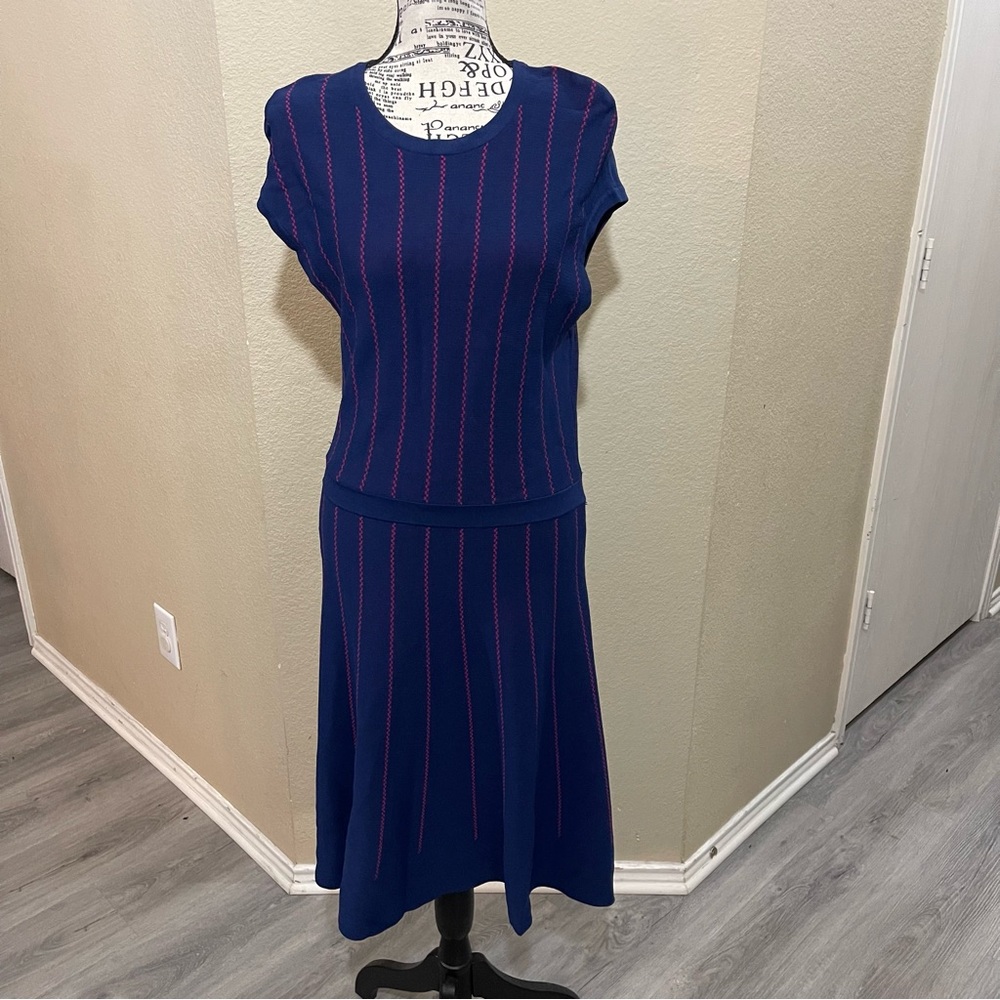 Eva Mendes for New York‎ & Company Blue and Pink Striped Midi Dress